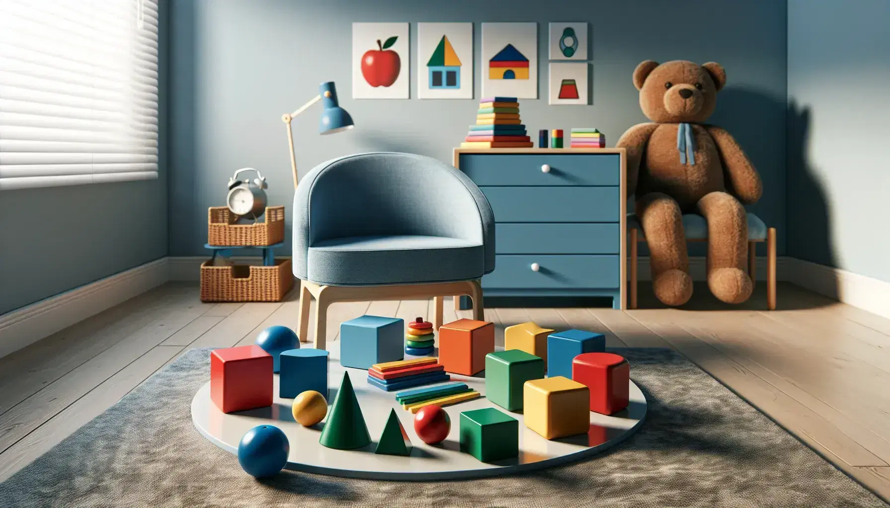 Speech therapist's office with a table showcasing colorful geometric shapes and picture cards, a child's chair, and a plush bear on a carpeted floor.
