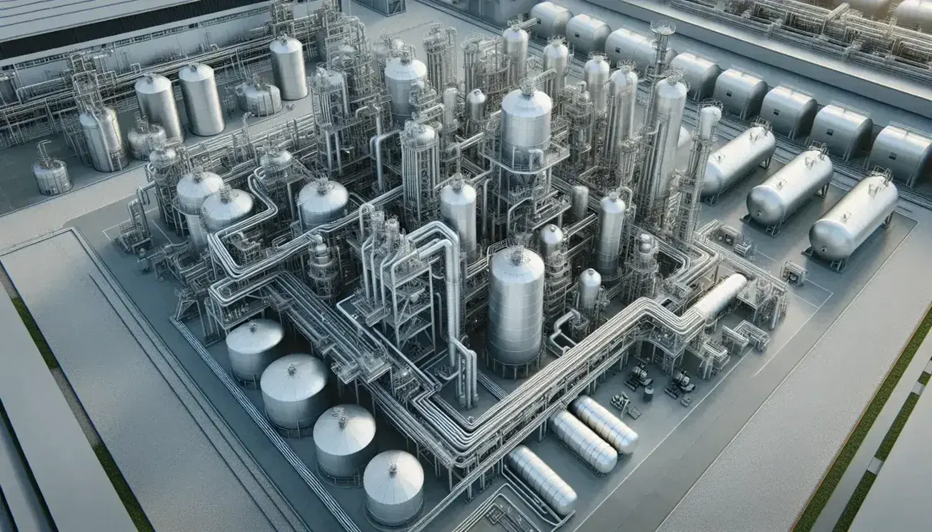 Vista aérea de planta industrial con estructuras metálicas, tanques cilíndricos, torre de destilación y contenedores de almacenamiento, sin personas visibles.