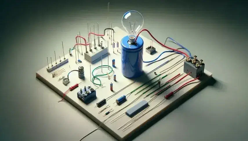 Batteria cilindrica blu con poli metallici, fili elettrici colorati, circuito con lampadina e resistore grigio su banco laboratorio.