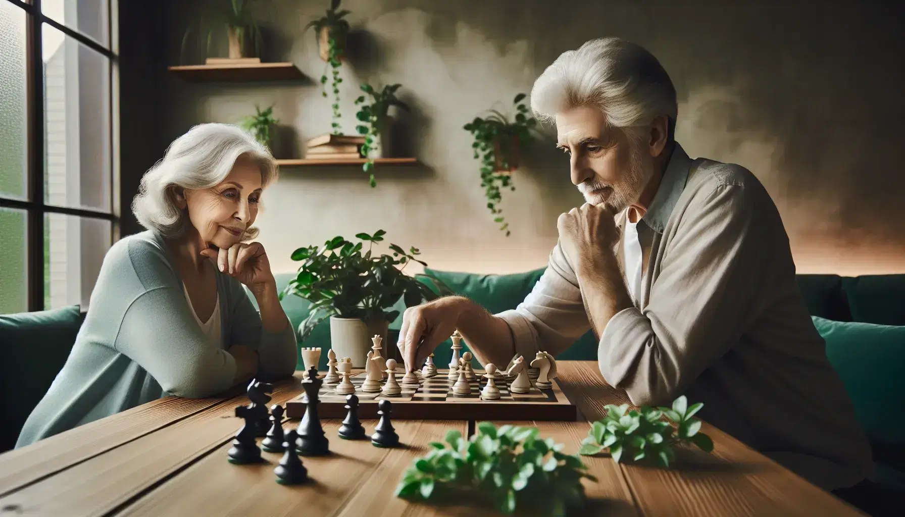An elderly couple plays chess in concentration, he moves a knight, she reflects on the move, in a lit room with plants in the background.