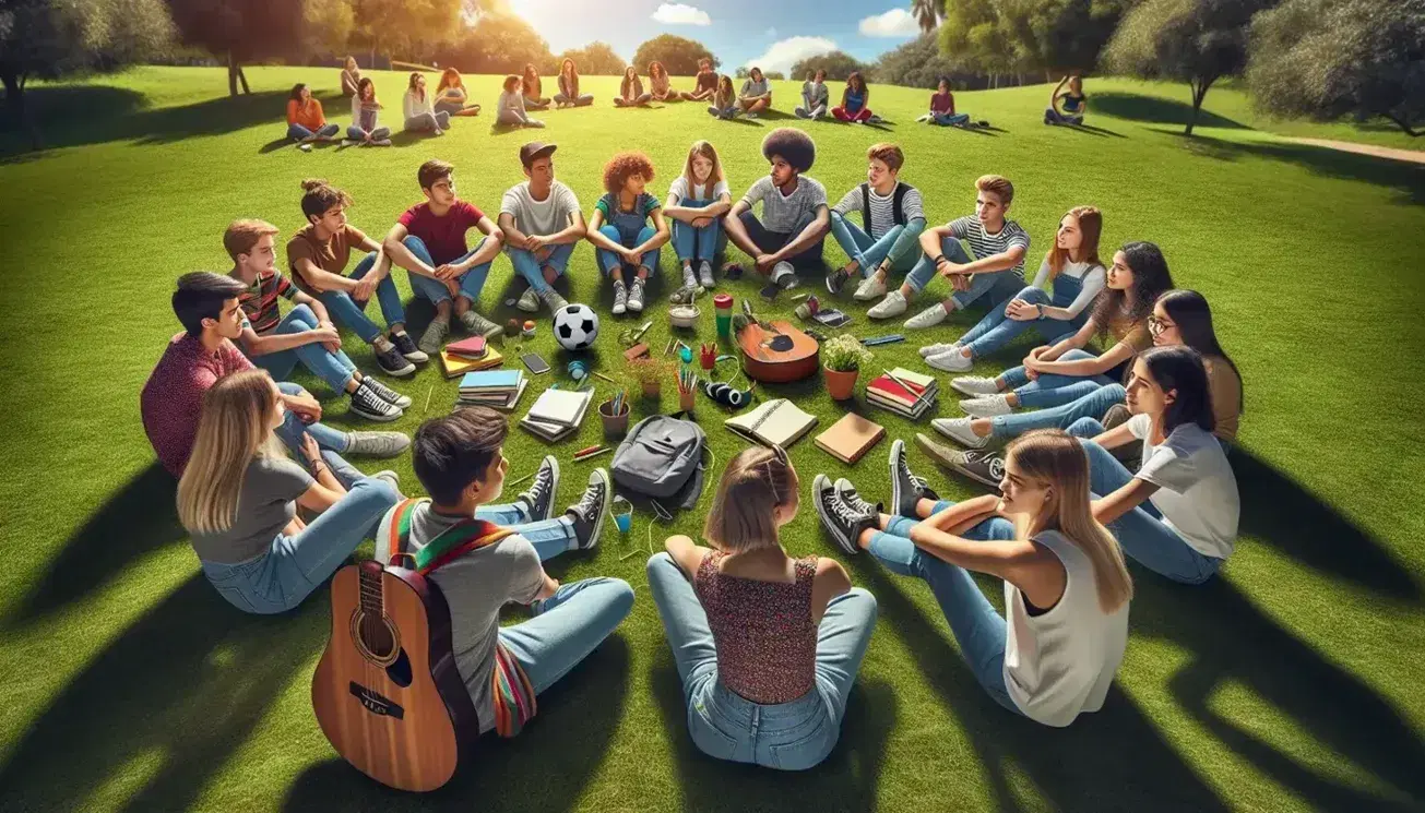 Grupo de adolescentes diversos sentados en círculo en el césped con un balón de fútbol, libros, auriculares y una mochila, disfrutando de una tarde al aire libre.