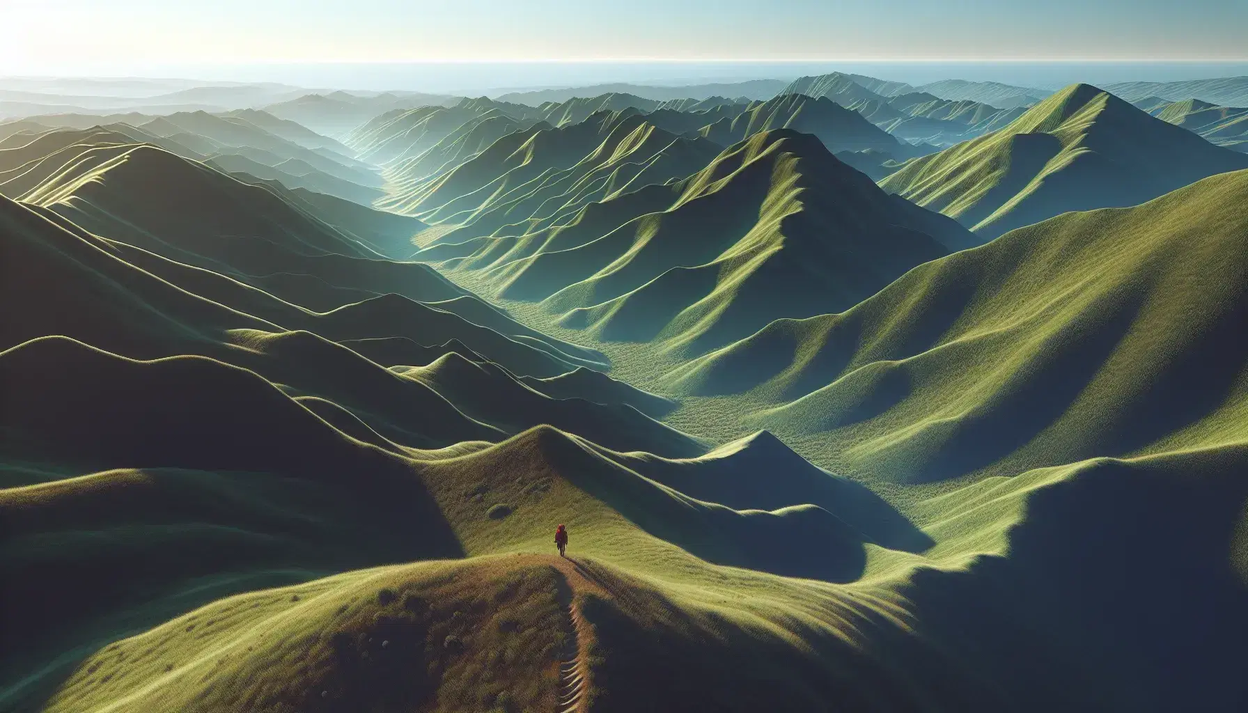 Solitary hiker with red backpack stands atop a hill, overlooking a gradient of green hills under a clear blue sky in a serene landscape.
