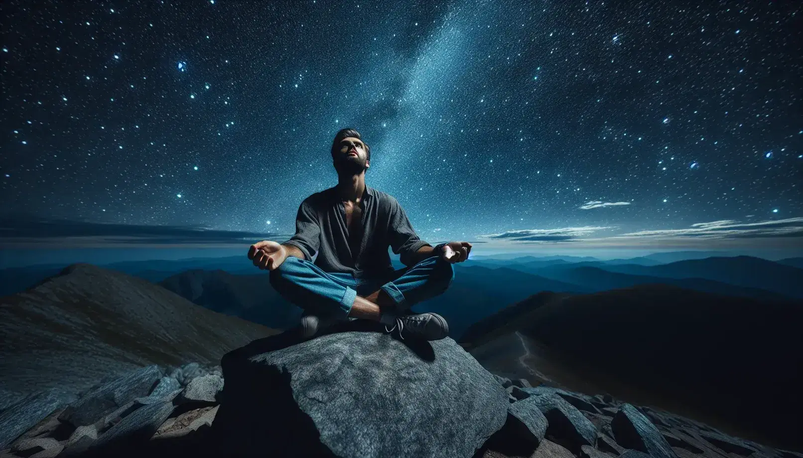 Uomo seduto su roccia in cima alla montagna di notte, braccia aperte verso cielo stellato, illuminato dalla luce lunare.