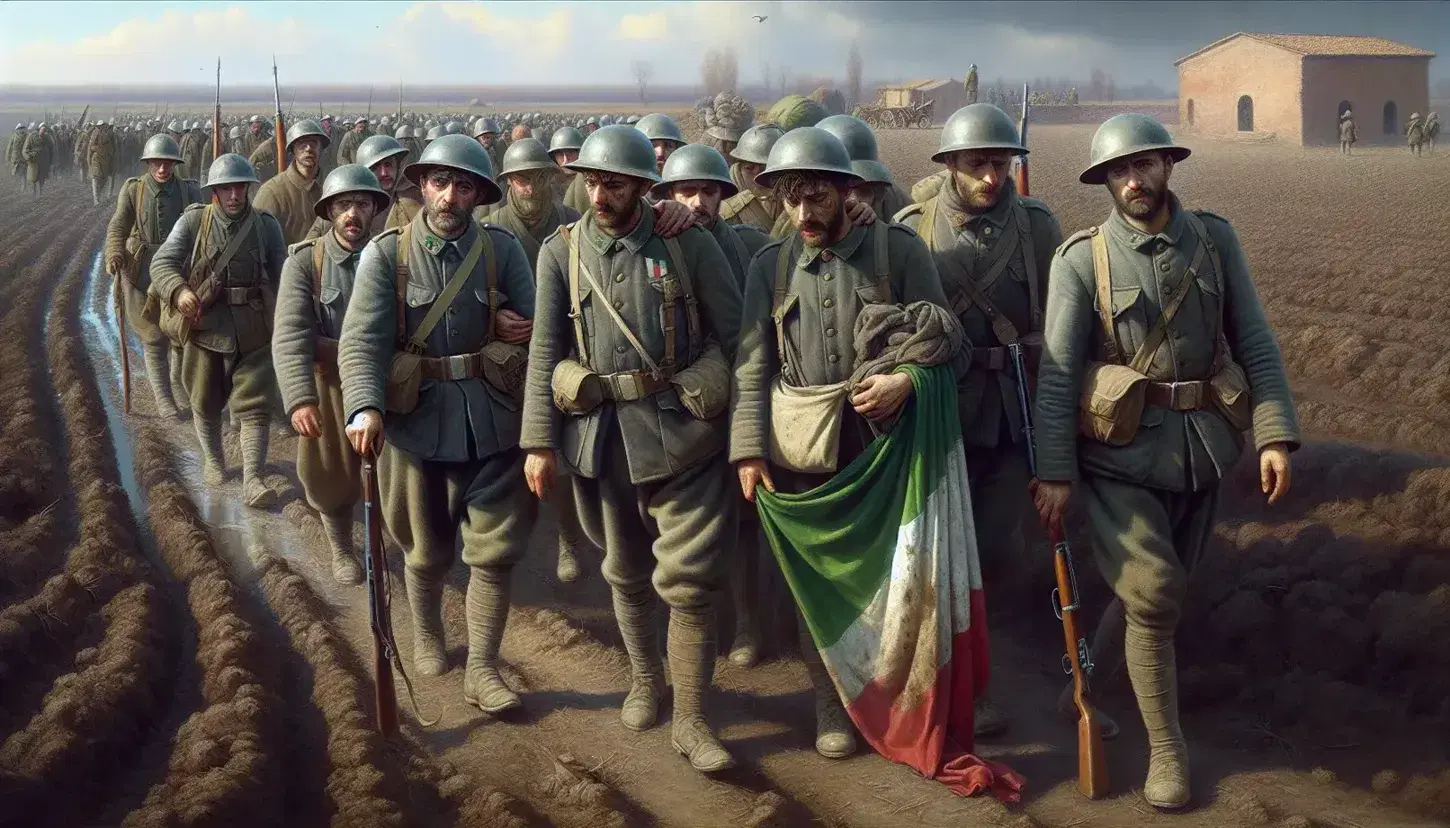 Soldati italiani in uniforme della Prima Guerra Mondiale tornano a casa, stanchi ma sollevati, con un tricolore fra le mani su sfondo rurale.