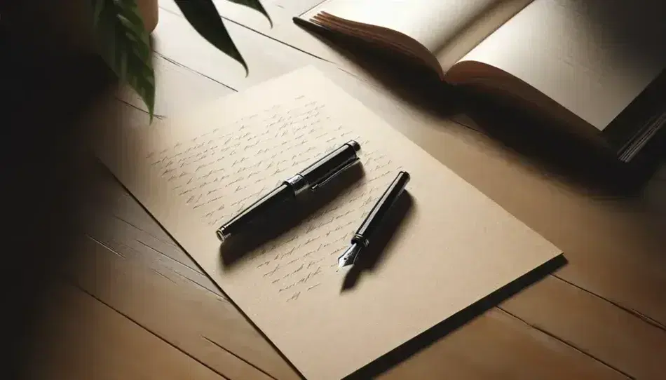 Escritorio de madera con hoja de papel en blanco, pluma estilográfica negra y libro abierto, junto a planta en maceta de terracota.