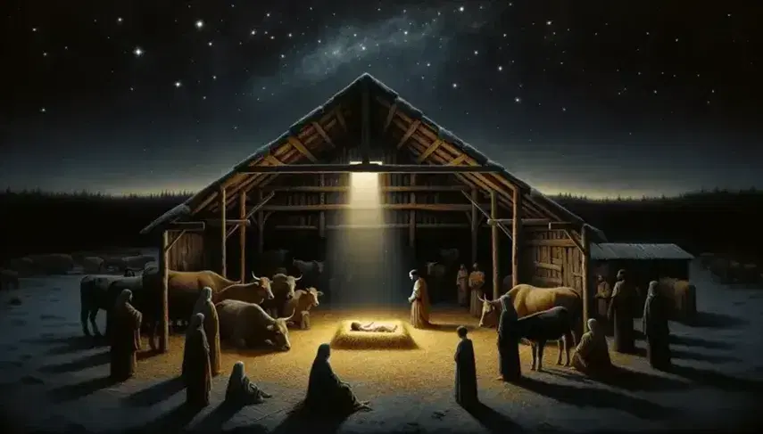 Escena nocturna de un nacimiento con figuras humanas y animales bajo un cielo estrellado, iluminados por una luz suave cerca de un niño en un pesebre.