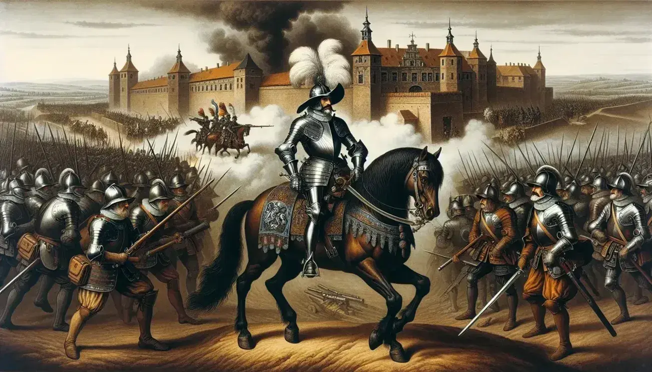 Historical Eighty Years' War battle scene with soldiers in 16th-century attire, a commander on a chestnut horse, amidst musket smoke near a fortified city.