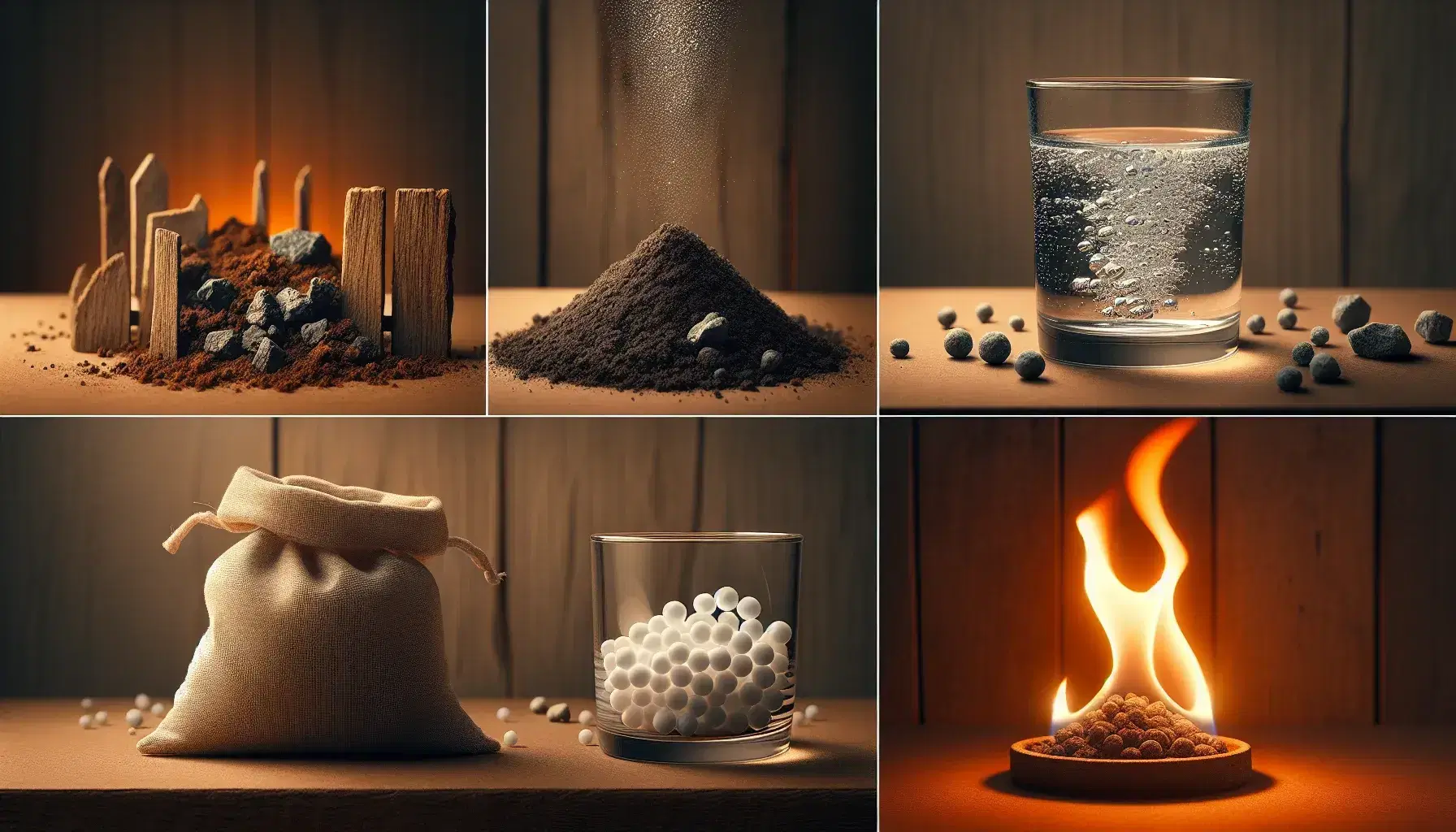 Composizione fotografica con terra, bicchiere d'acqua, fiamma e palline bianche su tavolo rustico che rappresentano i quattro elementi naturali.