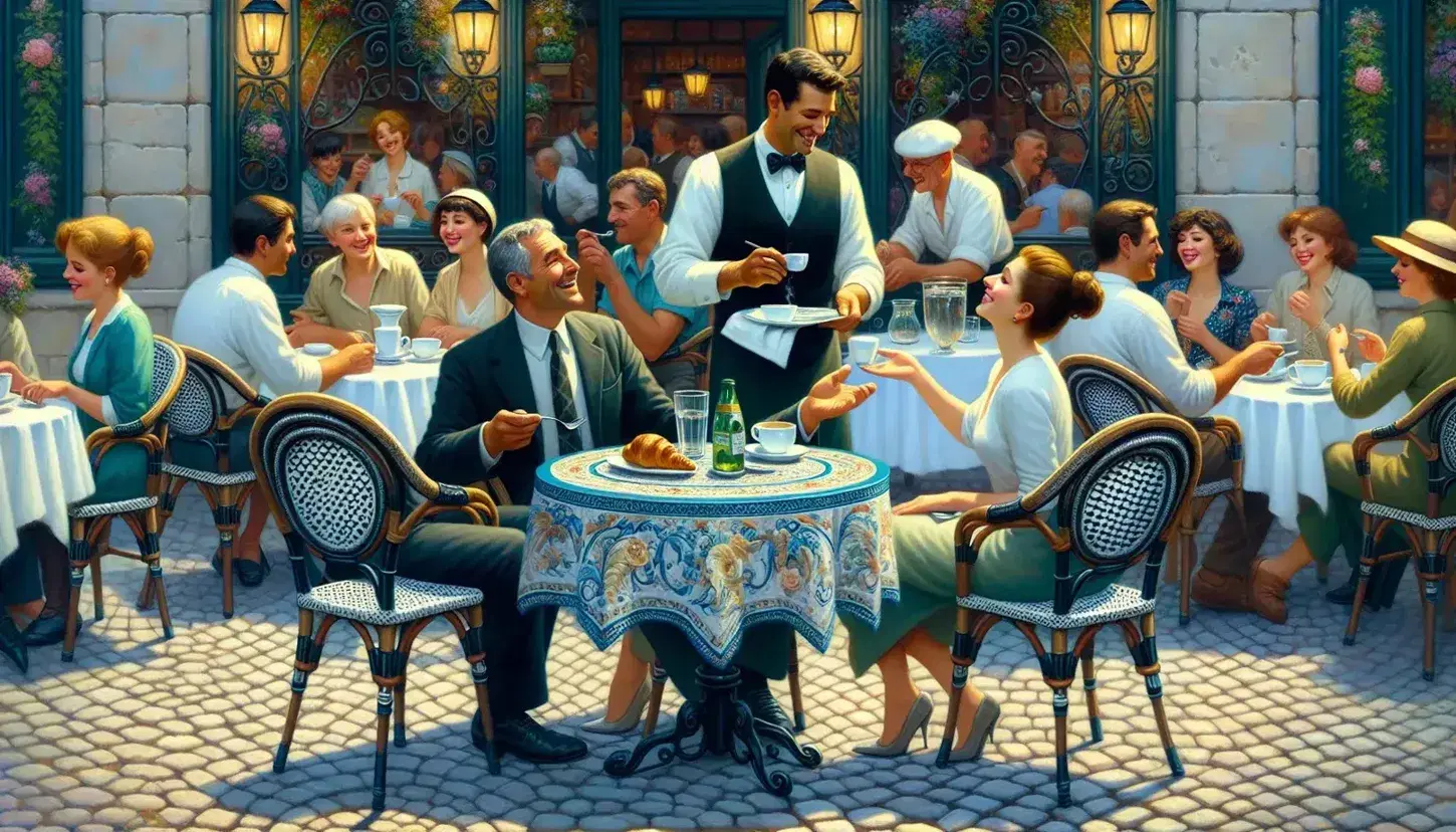 Vibrant French café scene with patrons dining, a waiter taking orders, a coffee and croissant on a mosaic table, and greenery under a blue sky.