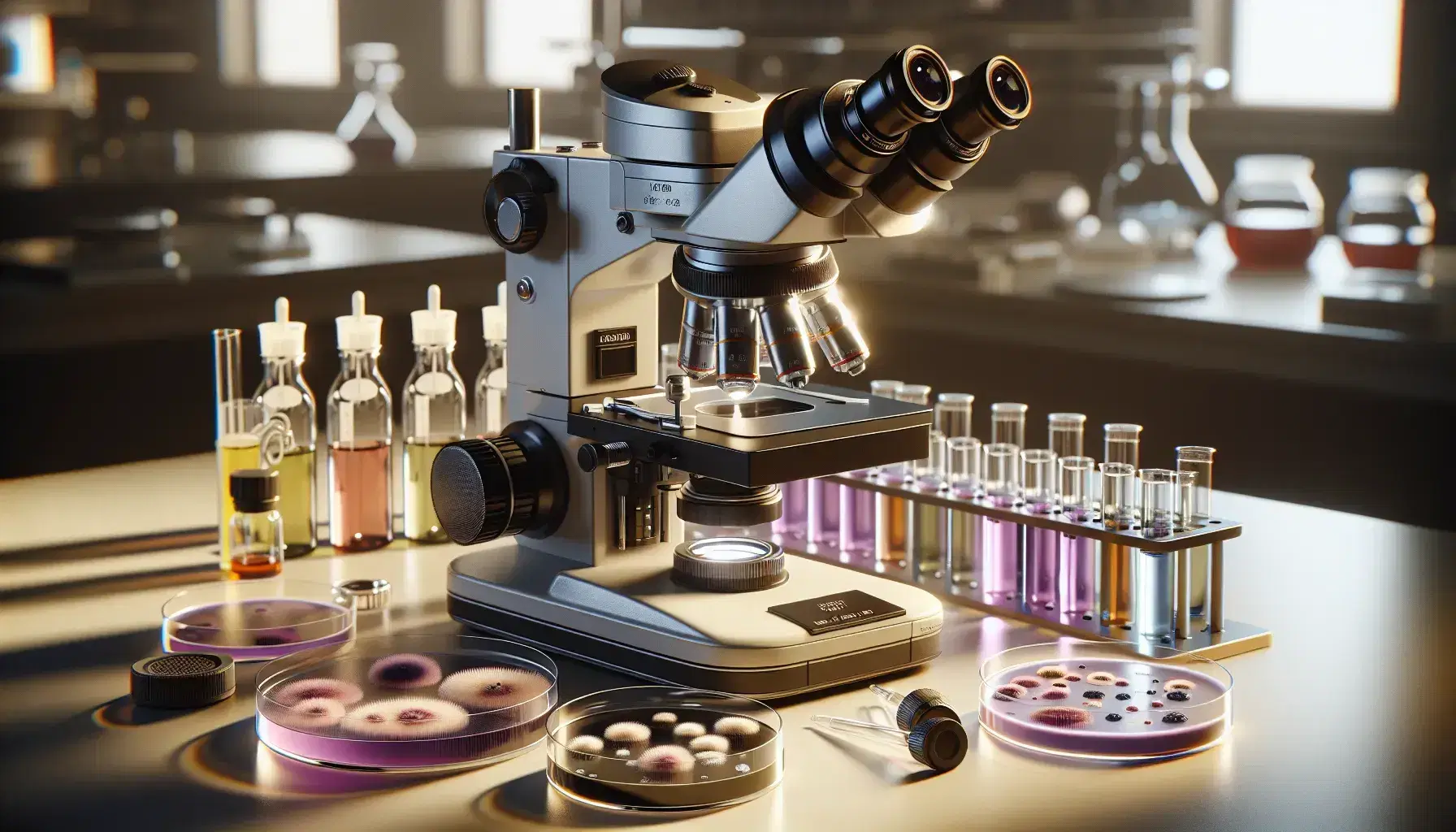 Microscopio moderno en laboratorio con plato de Petri y muestras bacterianas teñidas en violeta y rosa, junto a portaobjetos y frascos de reactivos.