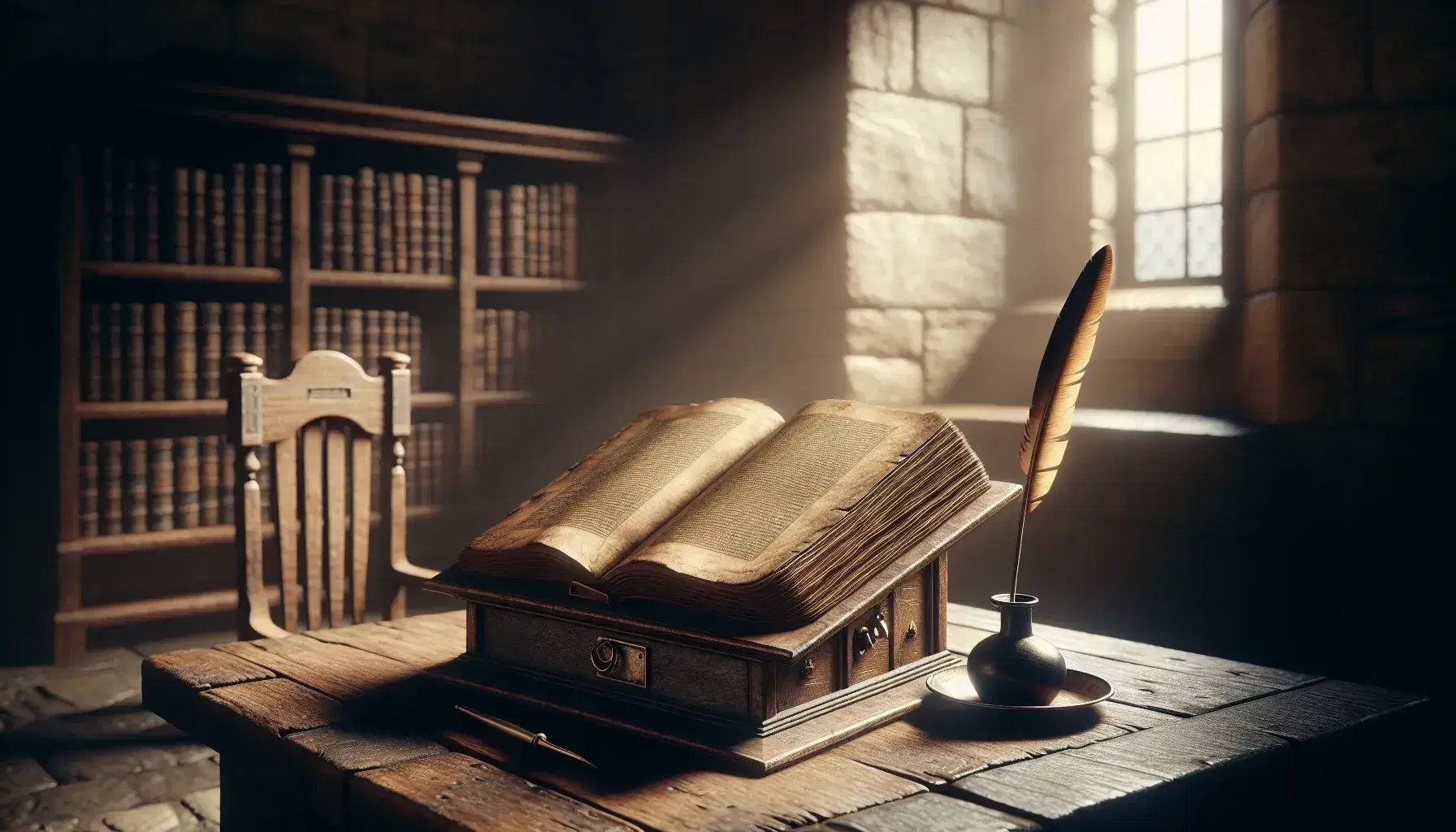Antique book on rustic lectern in a dimly lit stone-walled study with a high-backed wooden chair and quill on inkwell nearby, evoking a historical ambiance.