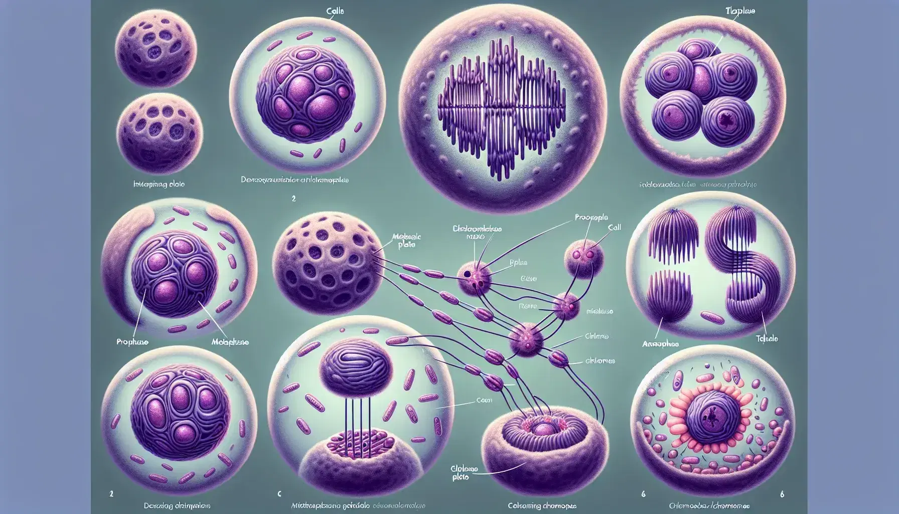 Cellule in varie fasi della mitosi al microscopio, da interfase a citochinesi, con cromosomi evidenti e divisione cellulare.