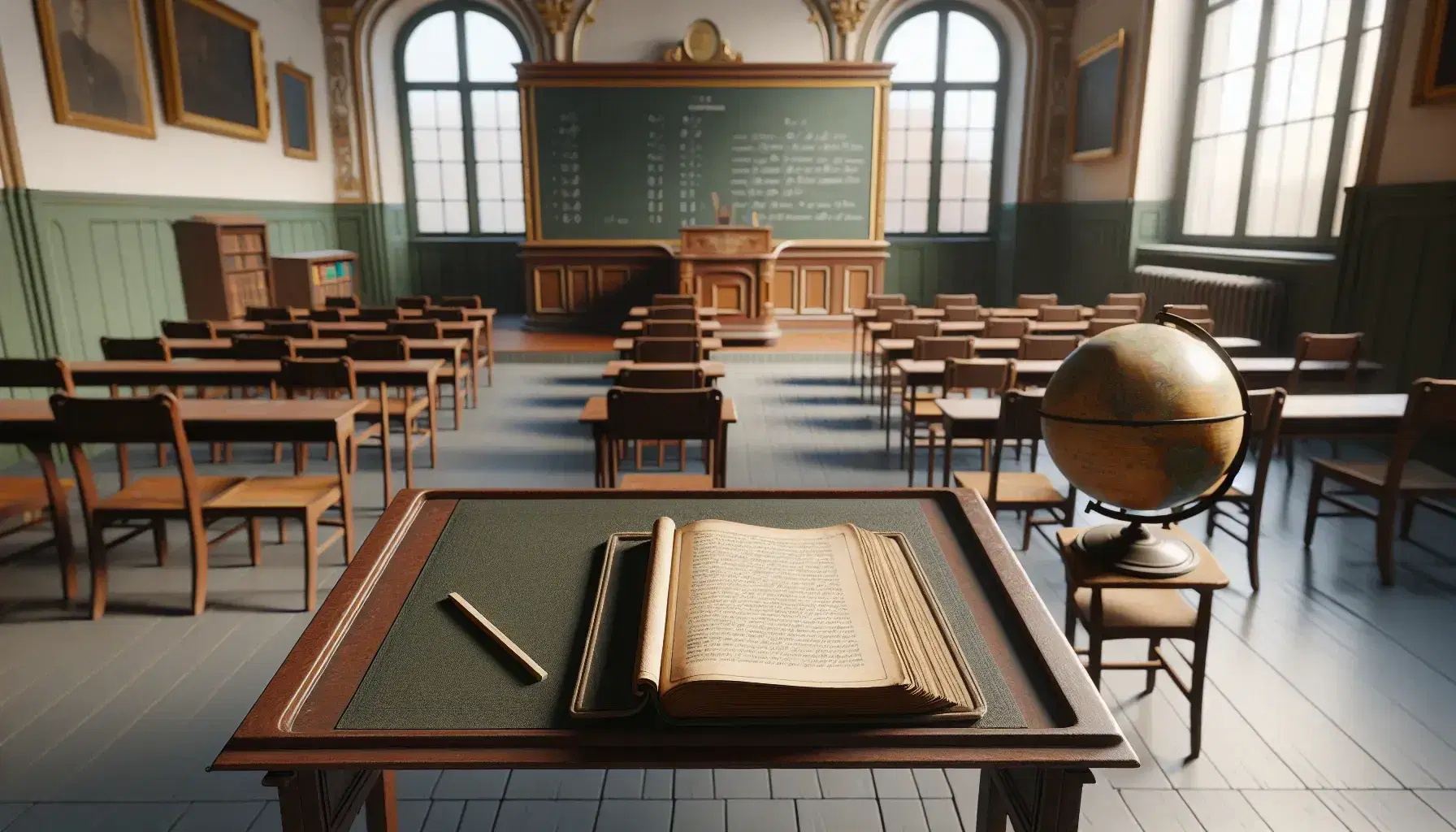 Early 20th century Viennese classroom with wooden desk, open book, clean green blackboard, globe and rows of chairs, natural light from window.