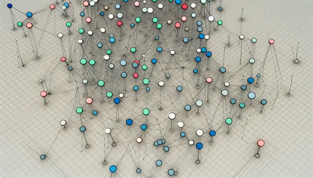 Network of interconnected nodes colored with gray lines on a soft grid background, abstract representation of a system of connections without hierarchy.