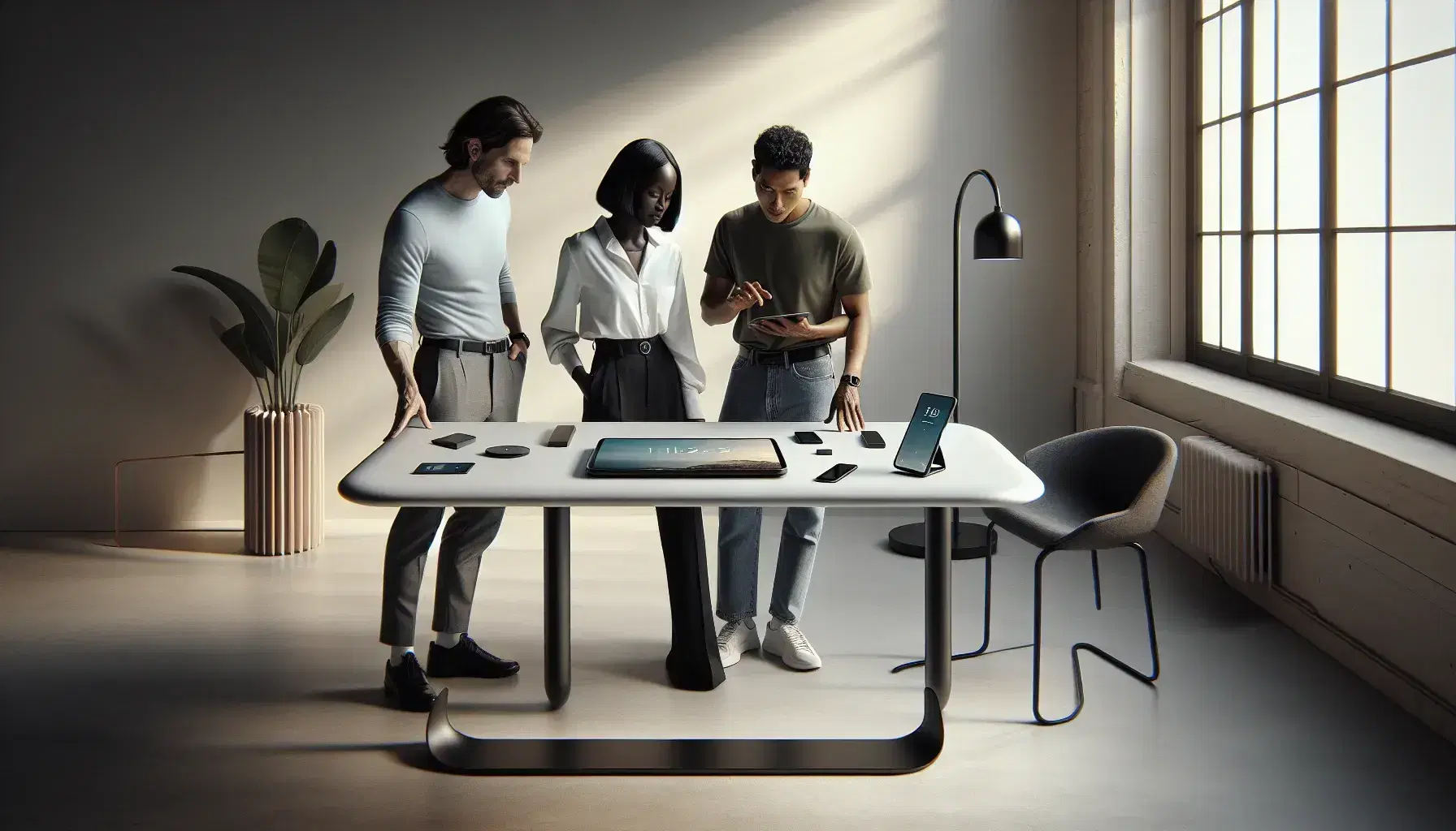 Grupo de tres profesionales colaborando en una oficina moderna con dispositivos tecnológicos sobre una mesa blanca.