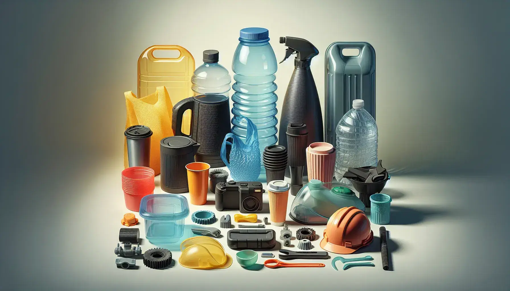 Variety of plastic objects on light background: transparent bottle, red cup, yellow bag, black kettle, green utensil, orange hard hat, container and gear.