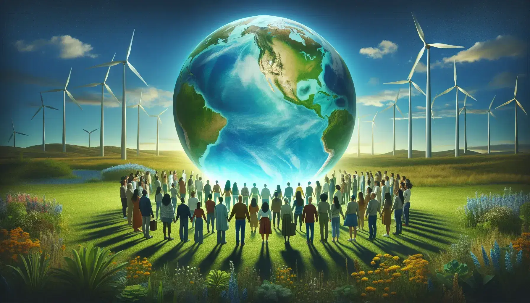 Diverse group gathers around a large globe with green continents and blue oceans, hands poised to touch, with wind turbines and blue sky in the background.