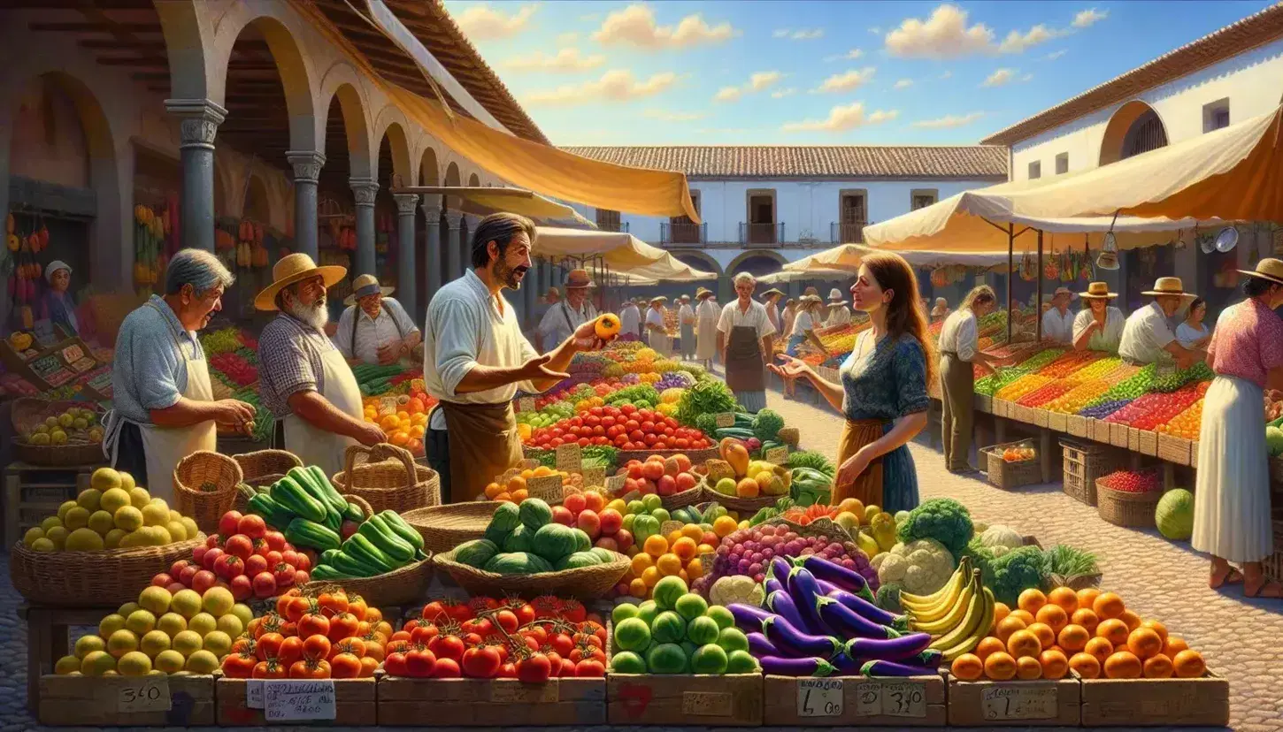 Vibrant outdoor Spanish market scene with colorful fruit and vegetable stall, vendor chatting with a woman in blue, and bustling shoppers under a clear sky.