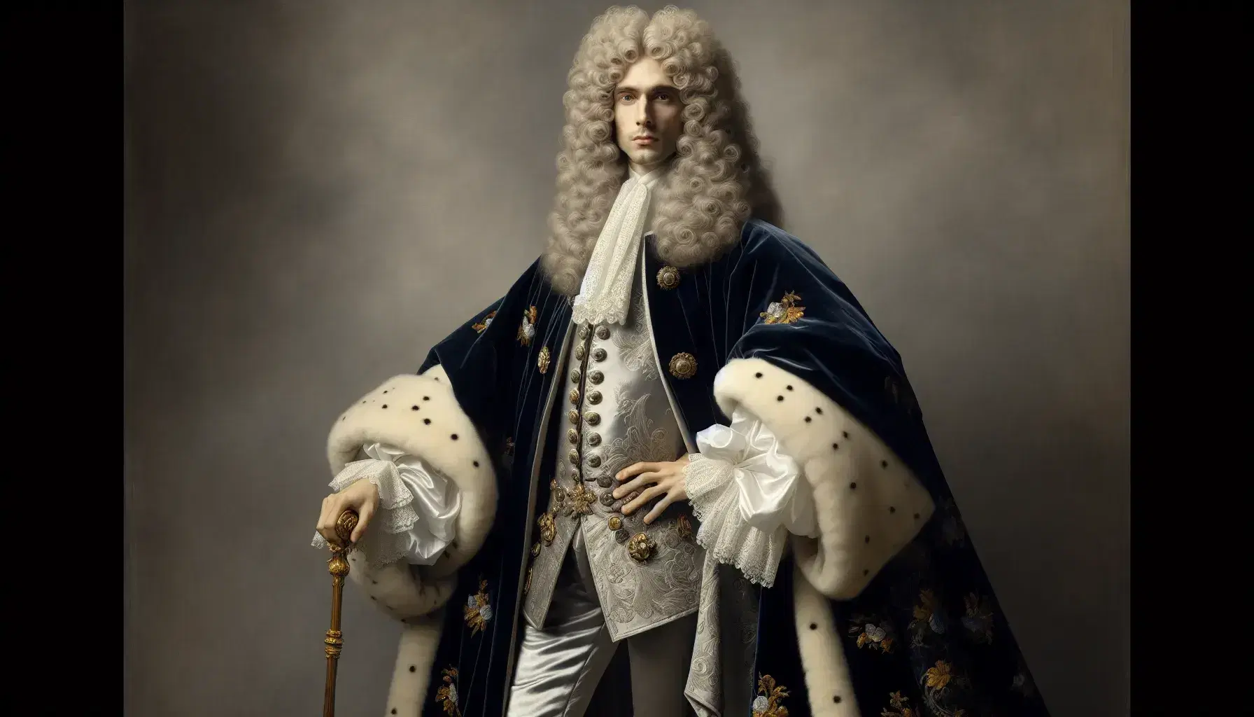 Uomo in abito del XVII secolo con mantello blu velluto, gilet dorato, parrucca grigia e bastone dorato su sfondo neutro.