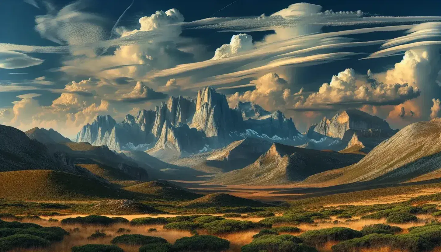 Paisaje natural en España con campo de hierba verde, montañas irregulares nevadas al fondo y cielo variado con nubes cirrus y cumulus al atardecer.
