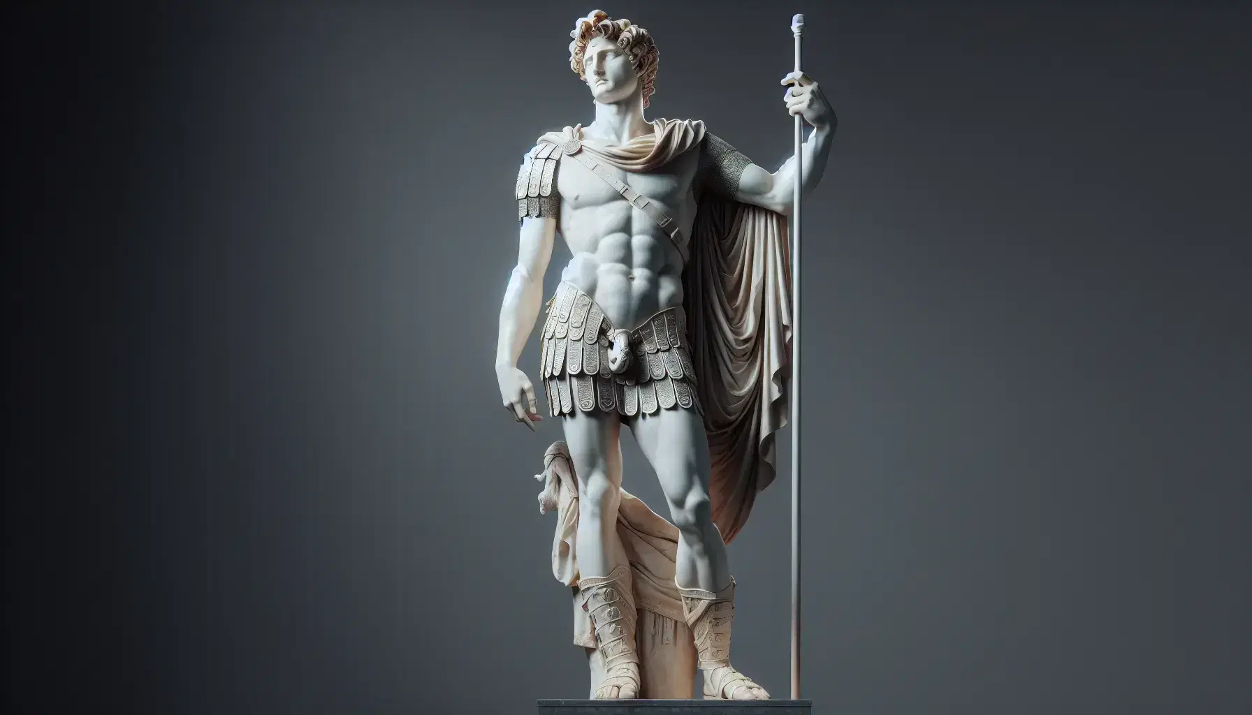 Statua in marmo bianco di figura maschile in armatura con tunica, braccio destro alzato e piccola figura scolpita ai piedi.