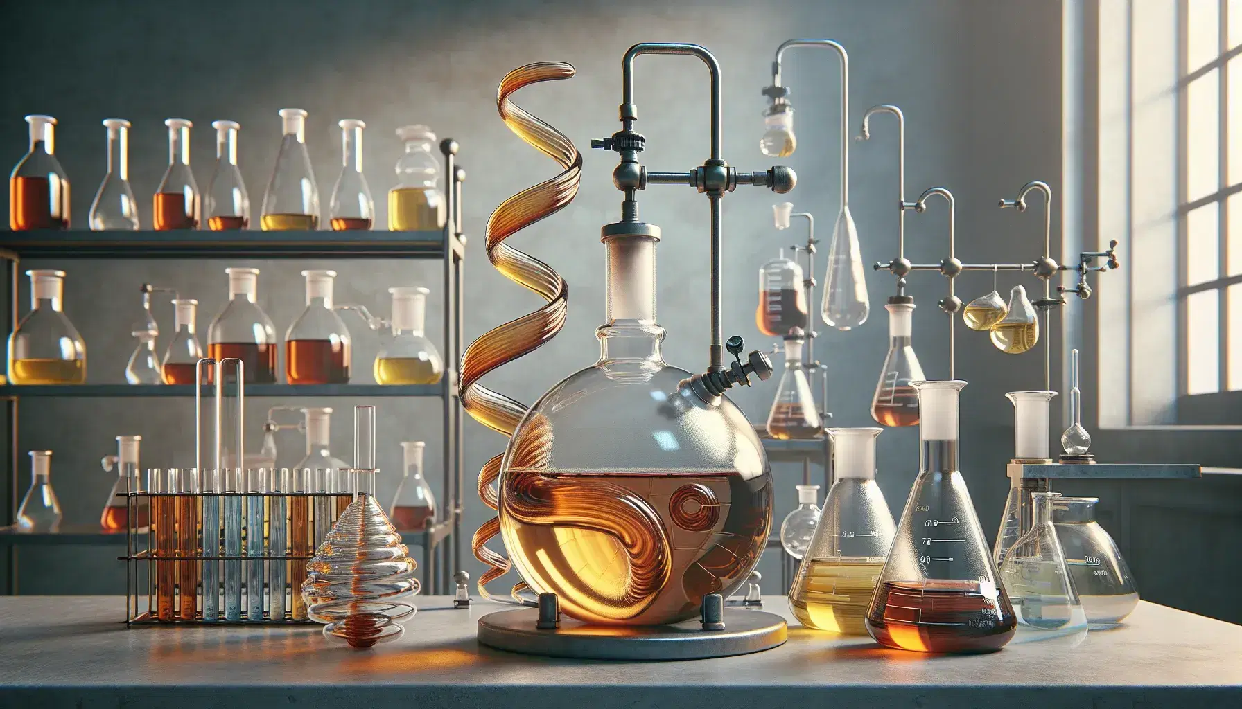 Laboratorio de química con matraz de fondo redondo, condensador de reflujo, embudo de separación, quemador Bunsen, balanza analítica y mortero.