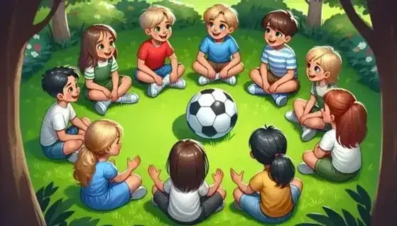 Sei bambini seduti in cerchio su un prato verde con un pallone da calcio al centro, conversano in una giornata estiva.