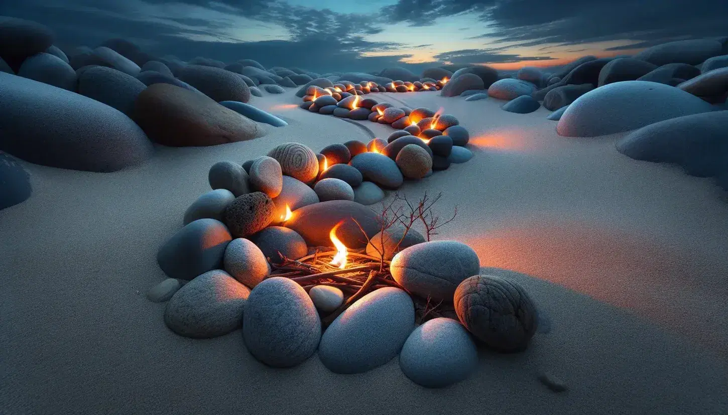 Camino de piedras de río en tonos grises a marrones sobre arena fina con una pequeña llama de fuego al costado y cielo crepuscular de fondo.