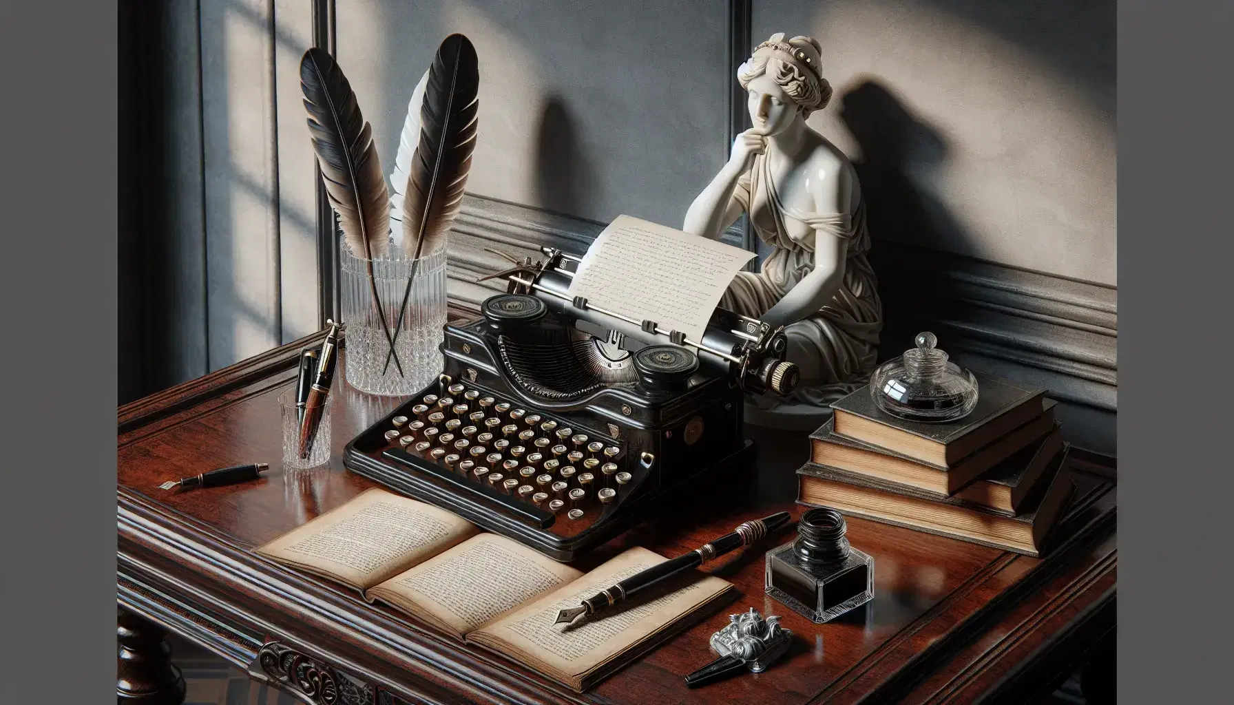 Scrivania antica in legno scuro con macchina da scrivere vintage, calamaio, penna d'oca, libri, bicchiere con penne stilografiche e statua marmorea di musa pensierosa.