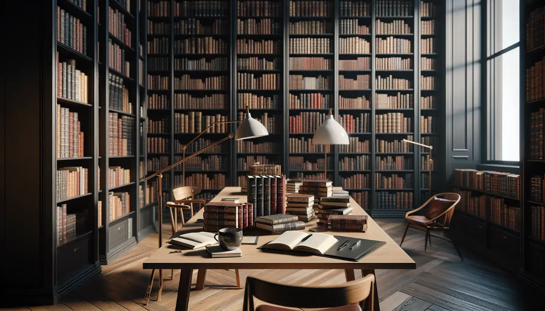 Biblioteca espaciosa con estanterías de madera oscura llenas de libros, mesa central con libros abiertos, lámpara de pie y silla con cojín rojo, taza de café y pluma estilográfica sobre cuaderno.