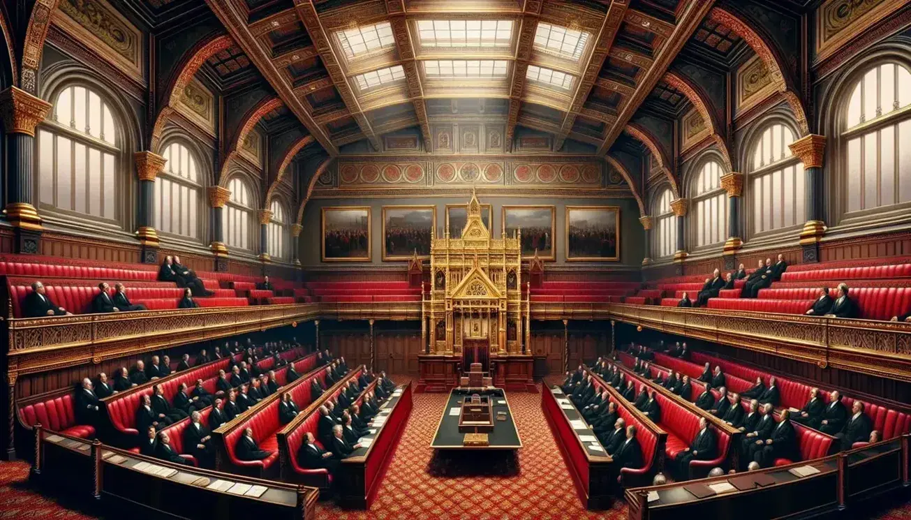 Grand legislative chamber with red benches, individuals in suits, ornate golden throne, and intricate wood paneling, symbolizing historic legal debates.