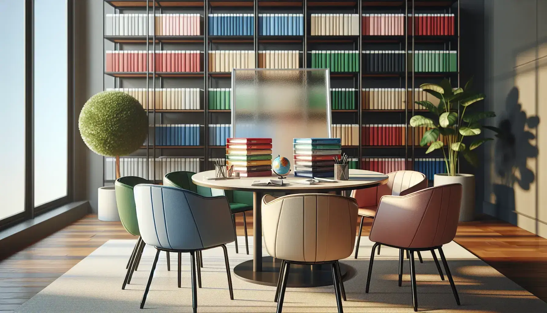 Round table with colored folders, a blank glass whiteboard, lush potted plant, and bookshelves with books and decor in a bright, organized office.