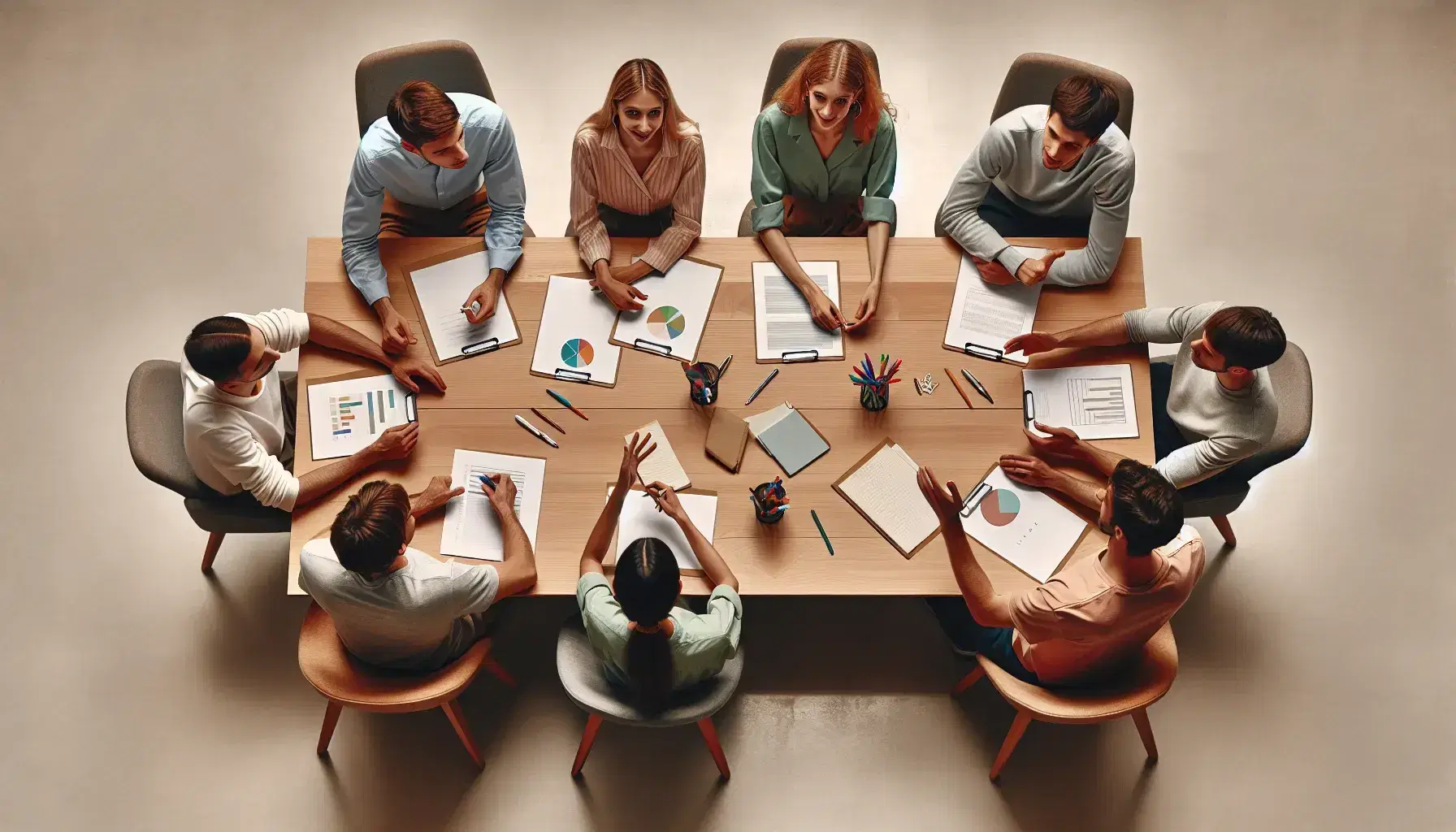 Grupo de cinco personas en reunión de trabajo alrededor de una mesa de madera, discutiendo gráficos y documentos con bolígrafos y lápices dispersos.