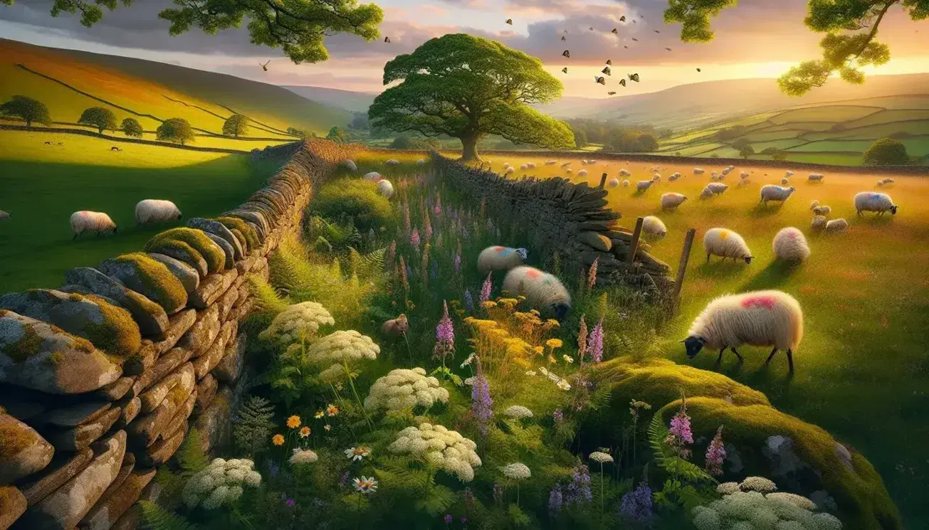 Serene rural landscape at golden hour with a lush meadow, wildflowers, bees, stone wall, grazing sheep, rolling hills, and a solitary oak tree.