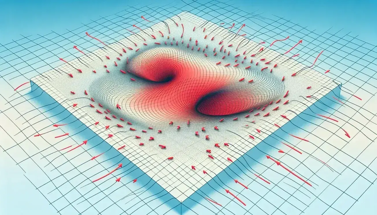 Vector field illustration with arrows showing direction and magnitude, a red closed curve indicating circulation, on a blue-white gradient background with a grid.