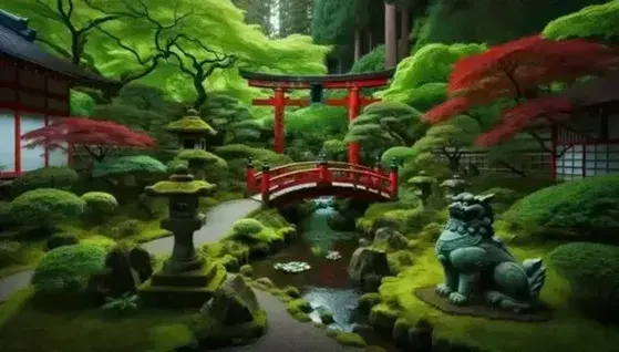 Giardino giapponese con ponticello rosso, ruscello, piante verdi, torii parziale, statua di komainu e lanterna tōrō sotto cielo azzurro.
