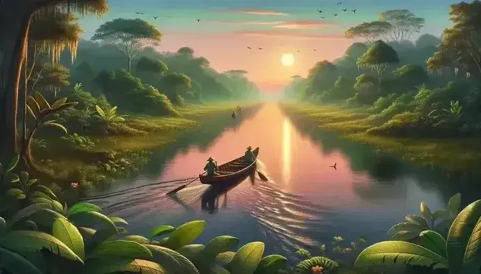 Peaceful sunrise on the Amazon river with wooden canoe and two people, pastel sky reflected in the water and sun rising through the trees.