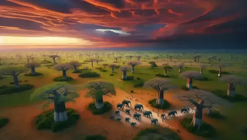Tramonto sulla savana africana con elefanti in marcia, baobab, cielo arancione e rosa, e persone in lontananza.