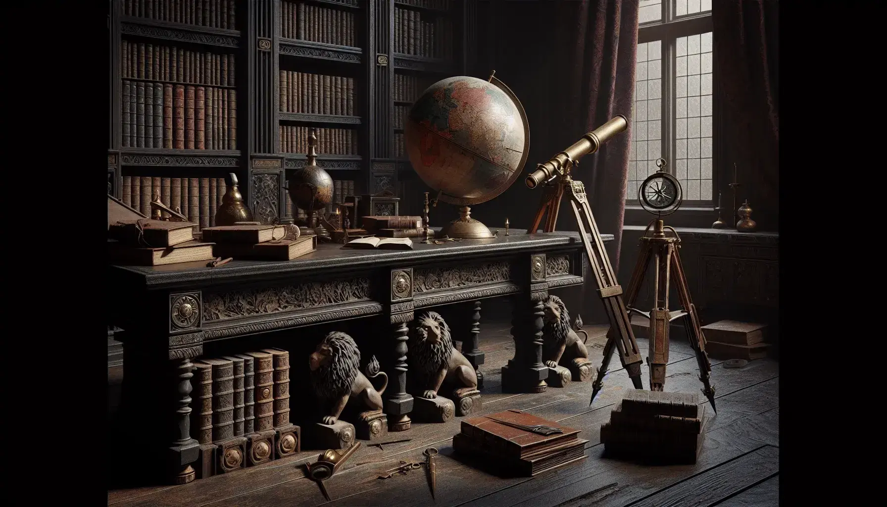 Biblioteca antigua con mesa de madera oscura, globo terráqueo antiguo, telescopio de latón y libros variados en estante, bajo luz natural.