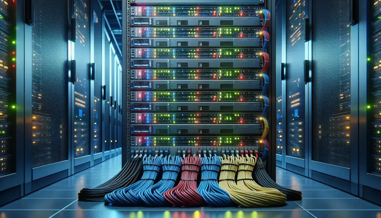 Centro de datos con servidores en rack iluminados por luces LED azules y verdes, cables de colores organizados y suelos de baldosas grises.