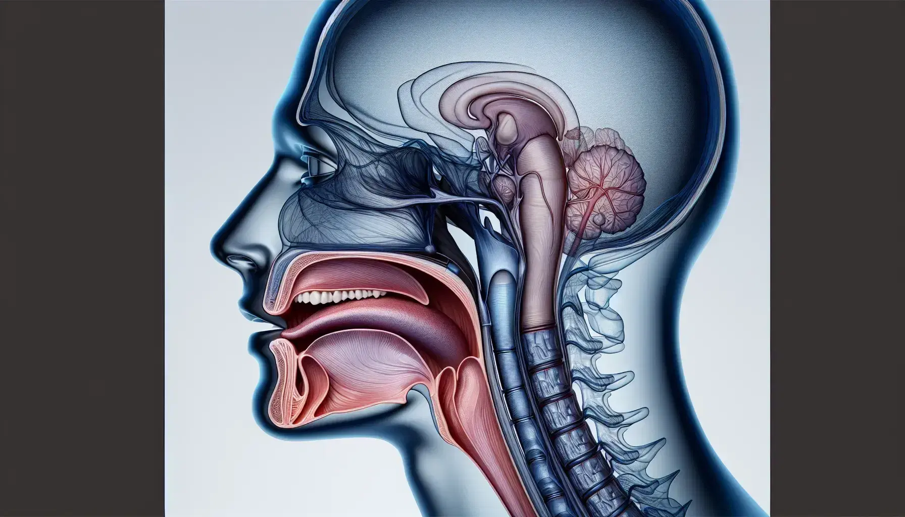Vista lateral de una cabeza humana transparente mostrando la anatomía detallada del aparato vocal, incluyendo mandíbula, dientes, lengua, paladar y laringe.