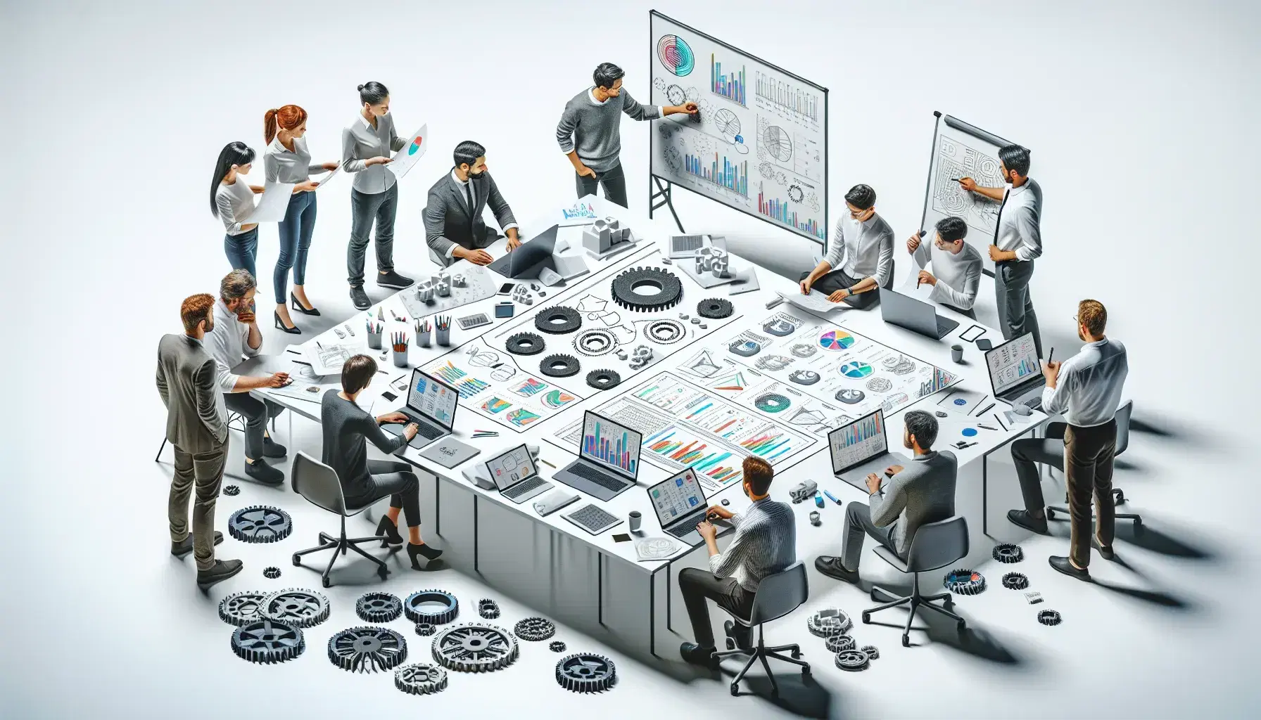 Gruppo di cinque ingegneri e programmatori collaborano attorno a un tavolo con laptop, modelli meccanici e lavagna sfocata.