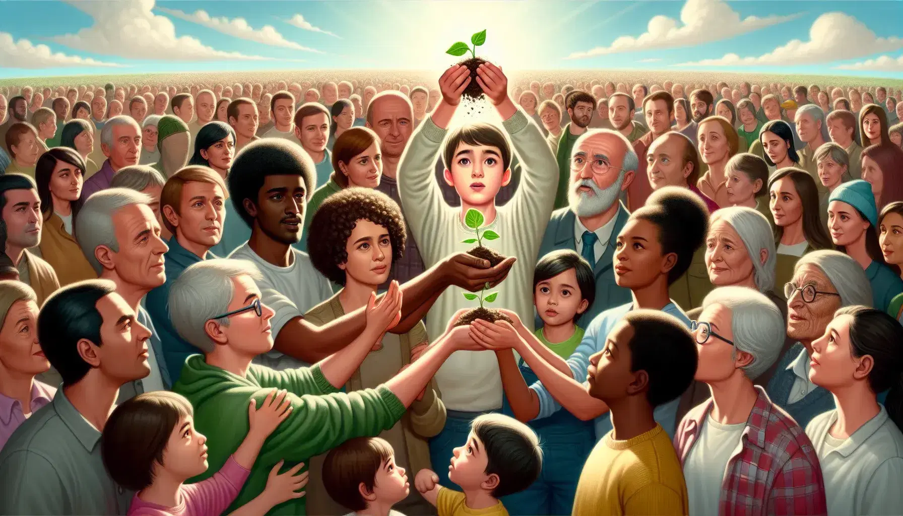 Grupo diverso unido en semicírculo alrededor de un niño sosteniendo planta, simbolizando crecimiento y apoyo bajo cielo azul claro.