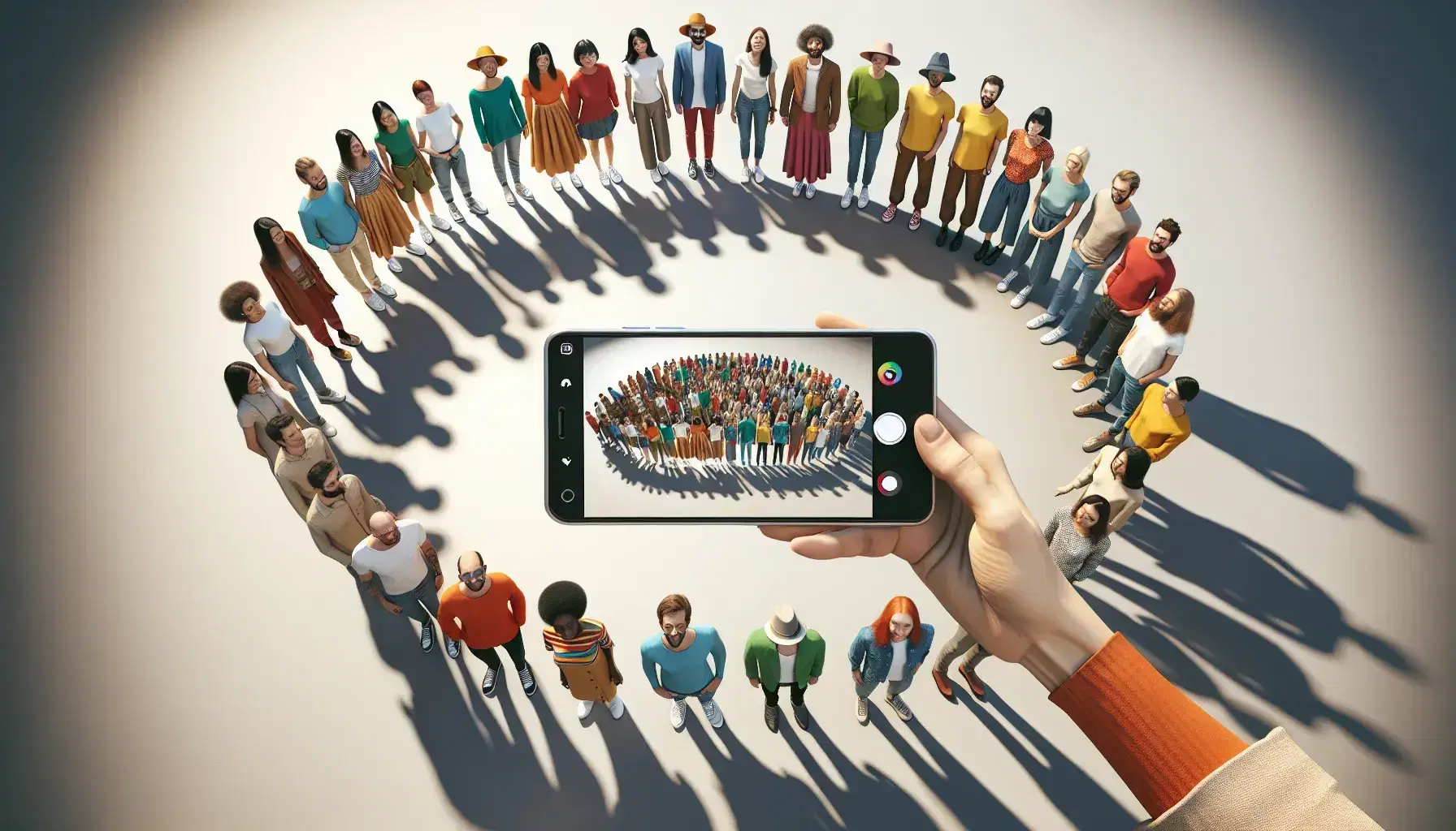 Grupo diverso de personas en semi-círculo preparándose para un selfie con un smartphone, con una mano sosteniendo una flor en primer plano y fondo neutro.