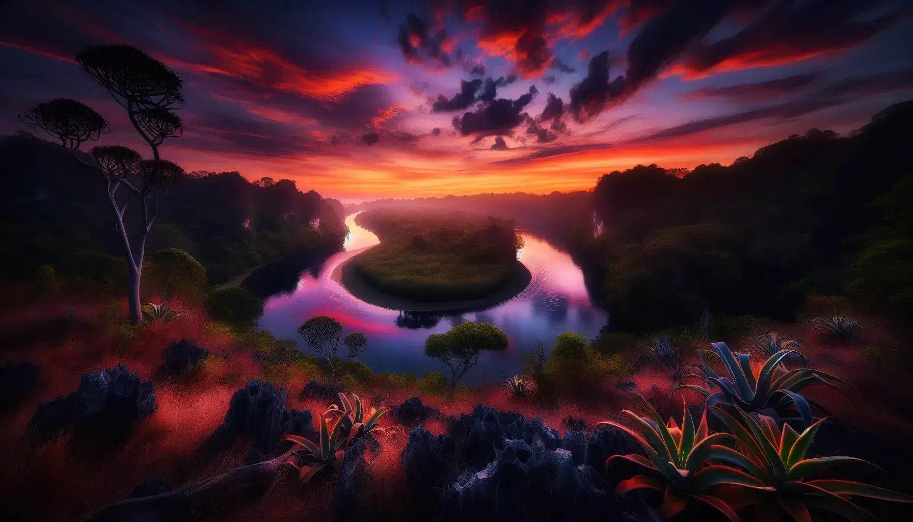 Paesaggio naturale al crepuscolo con fiume serpeggiante che riflette cielo arancione e viola, vegetazione rigogliosa e promontorio roccioso.