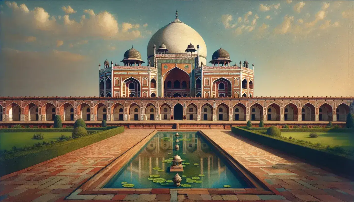 Indo-Islamic architecture of a red sandstone and white marble domed building with a reflecting pool and green lawns under a clear blue sky.