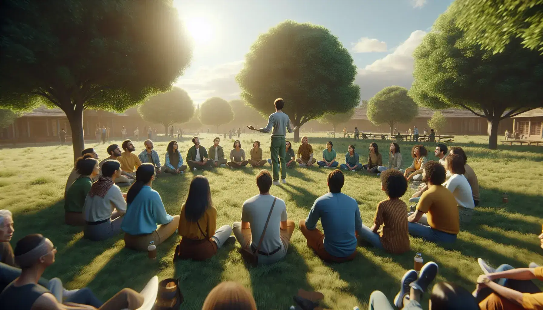 Grupo diverso de personas sentadas en círculo al aire libre enfocadas en un individuo de pie que gesticula, en un parque con césped verde y cielo azul con nubes dispersas.