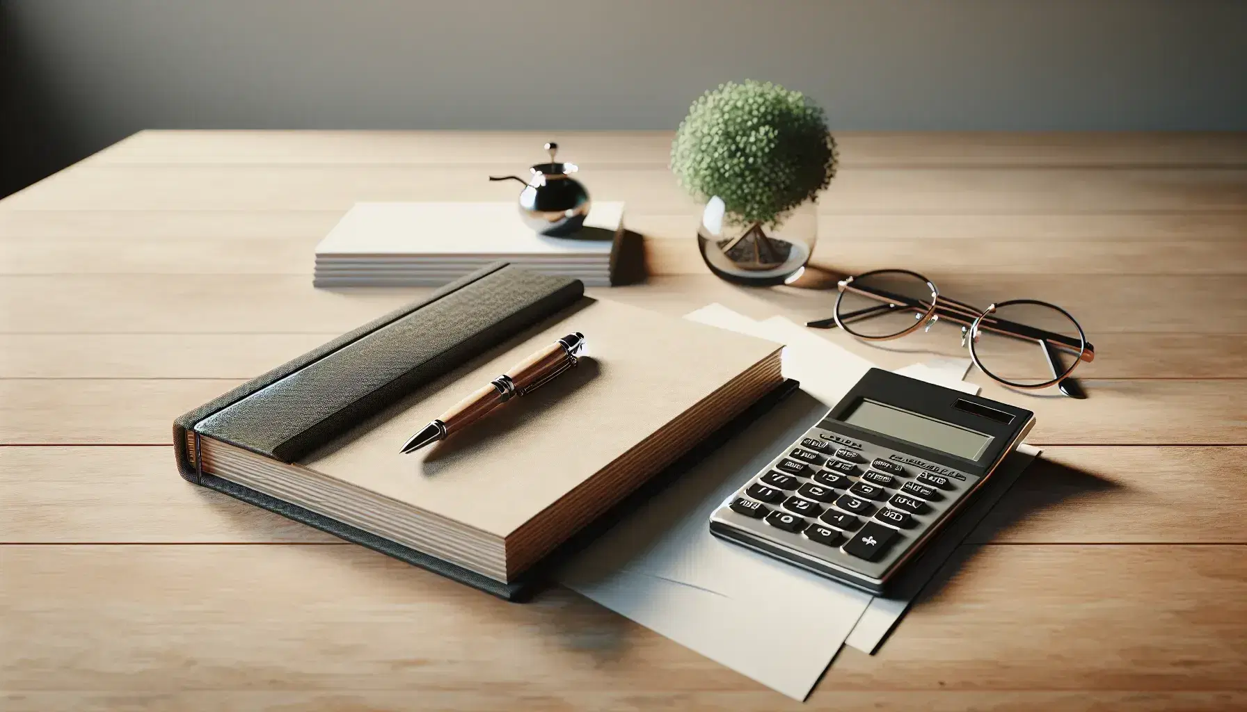 Scrivania in legno chiaro con libro aperto, calcolatrice scientifica grigia, penna stilografica nera, fogli bianchi e occhiali con pianta verde.