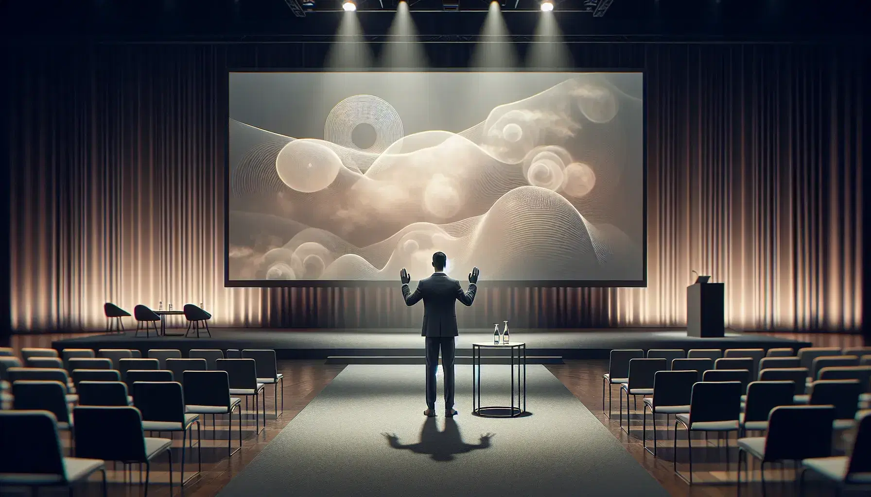 Conferenciante de pie con gestos explicativos en un escenario con proyector y pantalla con imagen abstracta, mesa con agua y ambiente iluminado enfocado.