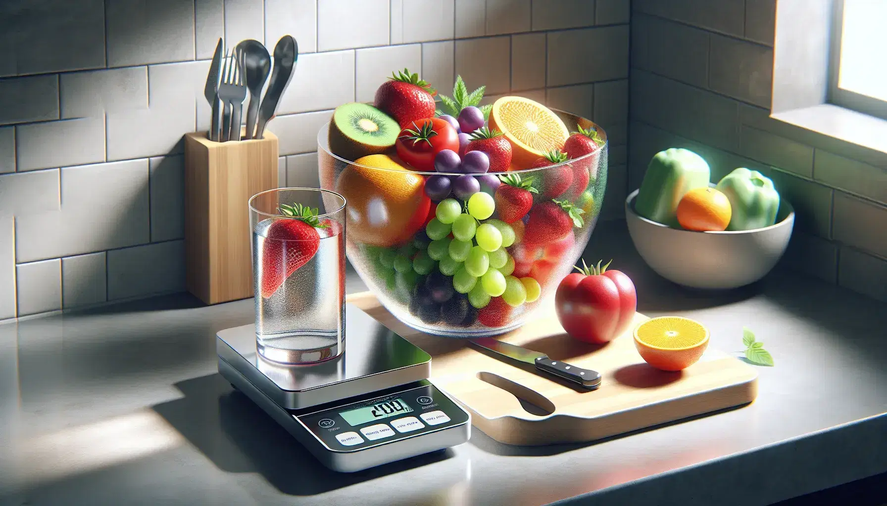 Glass container with fresh fruit, digital scale with tomato, glass of water with ice and cutting board with green pepper and chef knife.
